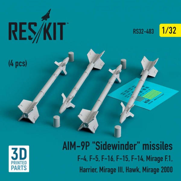 RS32-0483   AIM-9P «Sidewinder» missiles (4 pcs) (F-4, F-5, F-16, F-15, F-14, Mirage F.1, Harrier, Mirage III, Hawk, Mirage 2000) (3D Printed) (1/32) (thumb83623)