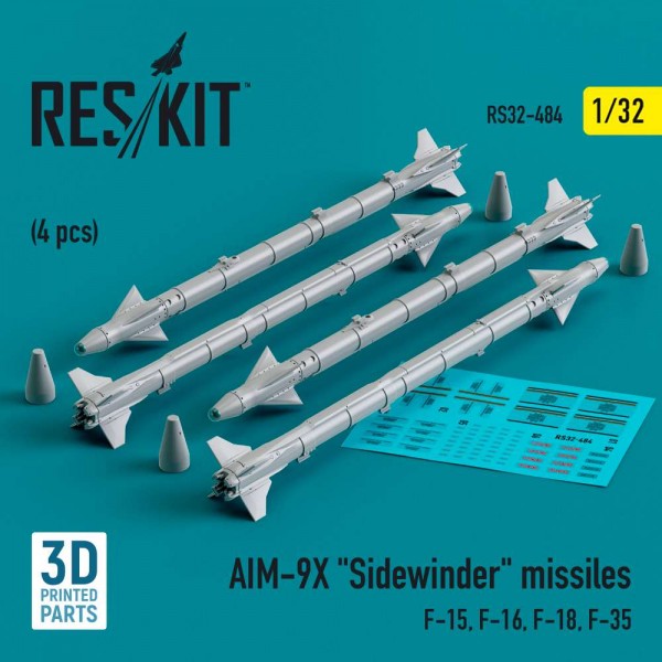 RS32-0484   AIM-9X "Sidewinder" missiles (4 pcs) (F-15, F-16, F-18, F-35) (3D Printed) (1/32) (thumb83625)