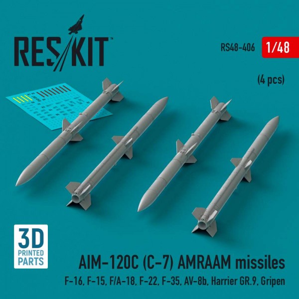 RS48-0406   AIM-120C (C-7) AMRAAM missiles (4 pcs) (F-16, F-15, F/A-18, F-22, F-35, AV-8b, Harrier GR.9, Gripen) (3D Printed) (1/48) (thumb83709)