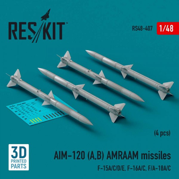 RS48-0407   AIM-120 (A,B) AMRAAM missiles (4 pcs) (F-15A/C/D/E, F-16A/C, F/A-18A/C) (3d Printed) (1/48) (thumb83711)