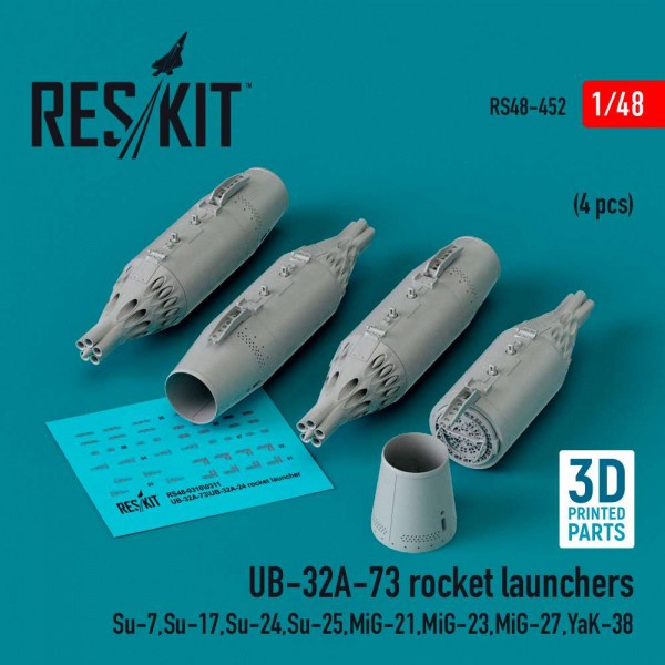 RS48-0452   UB-32A-73 rocket launchers (4 pcs) (Su-7,Su-17,Su-24,Su-25,MiG-21,MiG-23,MiG-27,YaK-38) (3D Printed) (1/48) (thumb83719)