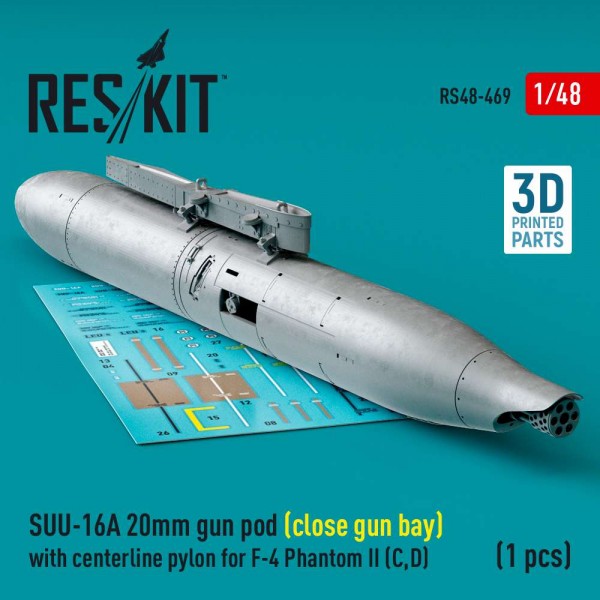 RS48-0469   SUU-16A 20mm gun pod (close gun bay) with centerline pylon for F-4 Phantom II (C,D) (1 pcs) (3D Printed) (1/48) (thumb83738)