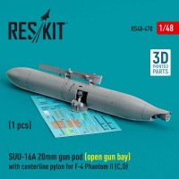 RS48-0470   SUU-16A 20mm gun pod (open gun bay) with centerline pylon for F-4 Phantom II (C,D) (1 pcs) (3D Printed) (1/48) (attach1 83740)