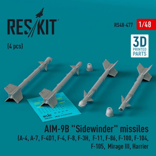 RS48-0477   AIM-9B «Sidewinder» missiles (4 pcs) (A-4, A-7, F-4D1, F-4, F-8, F-3H,  F-11, F-86,F-100,  F-104, F-105,  Mirage III, Harrier) (3D Printed) (1/48) (thumb83748)