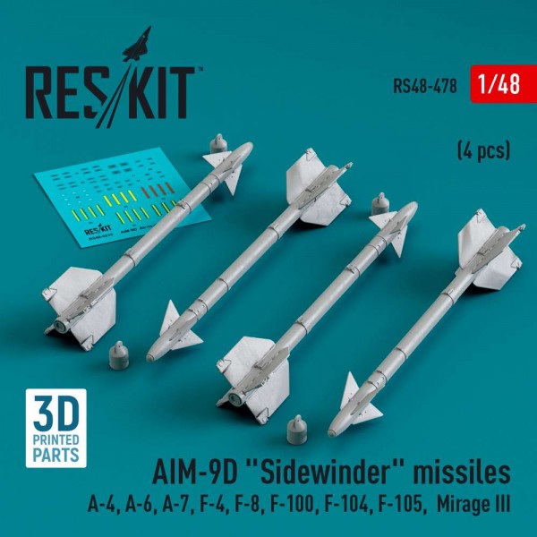 RS48-0478   AIM-9D "Sidewinder" missiles (4 pcs) (A-4, A-6, A-7, F-4, F-8, F-100, F-104, F-105,  Mirage III) (3D Printed) (1/48) (thumb83750)