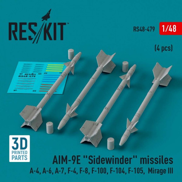 RS48-0479   AIM-9E «Sidewinder» missiles (4 pcs) (A-4, A-6, A-7, F-4, F-8, F-100, F-104, F-105,  Mirage III) (3D Printed) (1/48) (thumb83752)