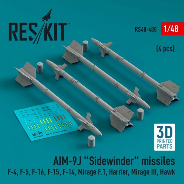 RS48-0480   AIM-9J "Sidewinder" missiles (4 pcs) (F-4, F-5, F-16, F-15, F-14, Mirage F.1, Harrier, Mirage III, Hawk) (3D Printed) (1/48) (thumb83754)