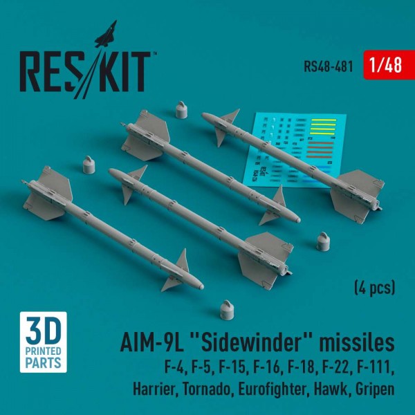 RS48-0481   AIM-9L "Sidewinder" missiles (4 pcs) (F-4, F-5, F-15, F-16, F-18, F-22, F-111, Harrier, Tornado, Eurofighter, Hawk, Gripen) (3D Printed) (1/48) (thumb83756)