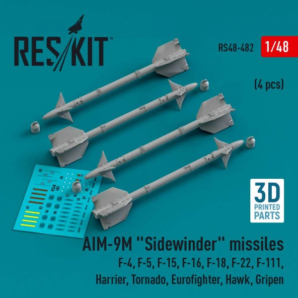 RS48-0482   AIM-9M «Sidewinder» missiles (4 pcs)  (F-4, F-5, F-15, F-16, F-18, F-22, F-111, Harrier, Tornado, Eurofighter, Hawk, Gripen) (3D Printed) (1/48) (thumb83758)