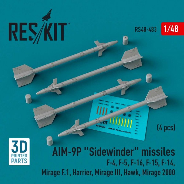 RS48-0483   AIM-9P «Sidewinder» missiles (4 pcs) (F-4, F-5, F-16, F-15, F-14, Mirage F.1, Harrier, Mirage III, Hawk, Mirage 2000) (3D Printed) (1/48) (thumb83760)