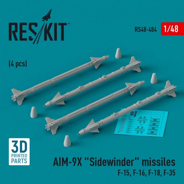 RS48-0484   AIM-9X "Sidewinder" missiles (4 pcs) (F-15, F-16, F-18, F-35) (3D Printed) (1/48) (thumb83762)