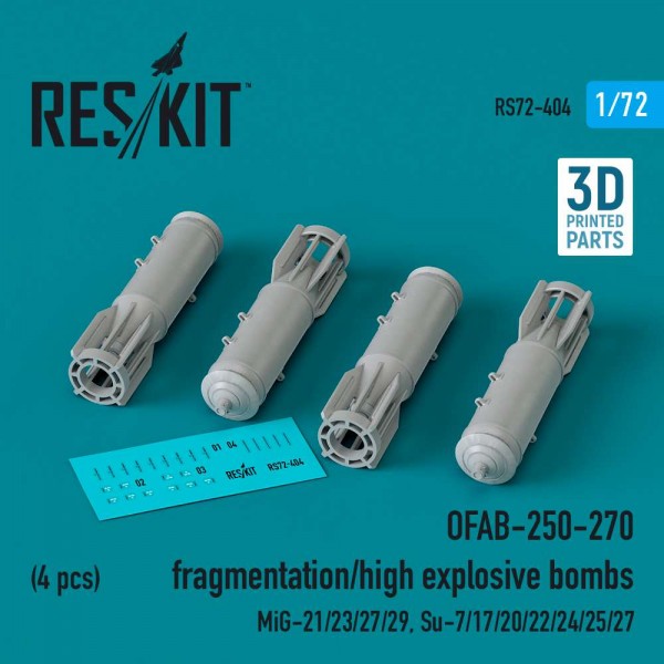 RS72-0404   OFAB-250-270 fragmentation/high explosive bombs (4 pcs) (MiG-21/23/27/29, Su-7/17/20/22/24/25/27) (3D Printed) (1/72) (thumb83901)