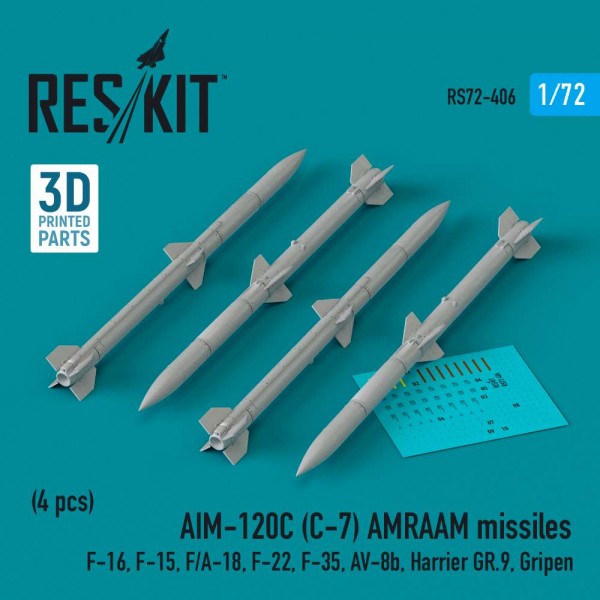 RS72-0406   AIM-120C (C-7) AMRAAM missiles (4 pcs) (F-16, F-15, F/A-18, F-22, F-35, AV-8b, Harrier GR.9, Gripen) (3D Printed) (1/72) (thumb83903)