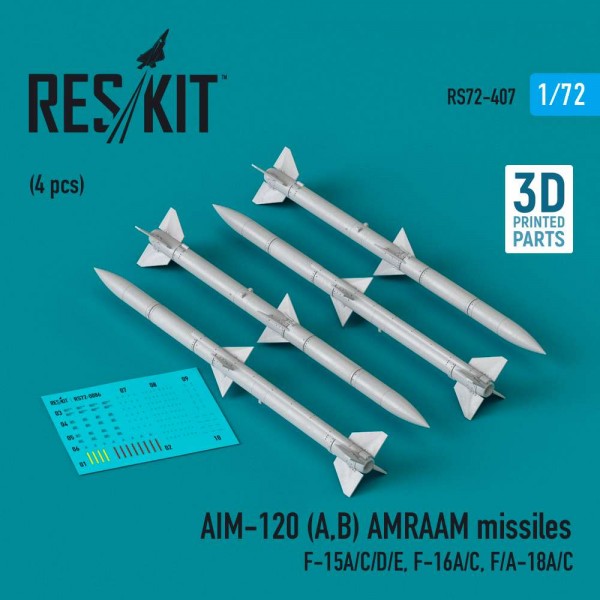 RS72-0407   AIM-120 (A,B) AMRAAM missiles (4 pcs) (F-15A/C/D/E, F-16A/C, F/A-18A/C) (3D Printed) (1/72) (thumb83905)