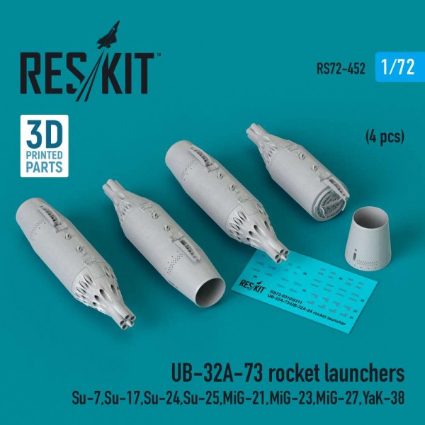 RS72-0452   UB-32A-73 rocket launchers (4 pcs) (Su-7, Su-17, Su-24, Su-25, MiG-21, MiG-23, MiG-27, YaK-38) (3D Printed) (1/72) (thumb83913)