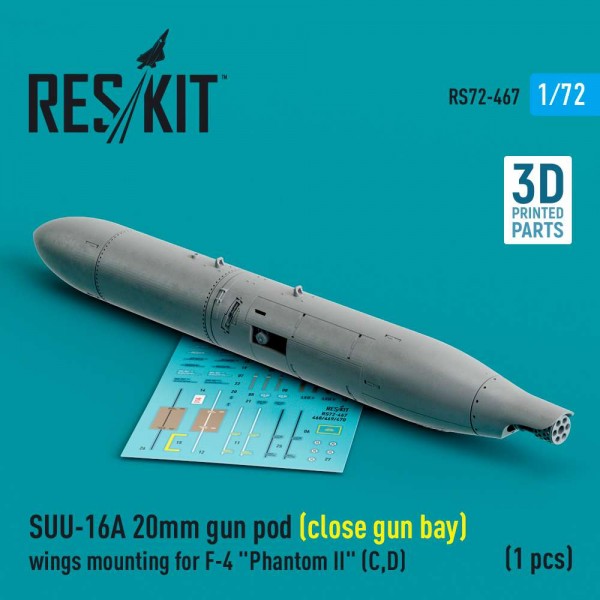 RS72-0467   SUU-16A 20mm gun pod (close gun bay) wings mounting for F-4 "Phantom II" (C,D) (1 pcs) (3D Printed) (1/72) (thumb83927)