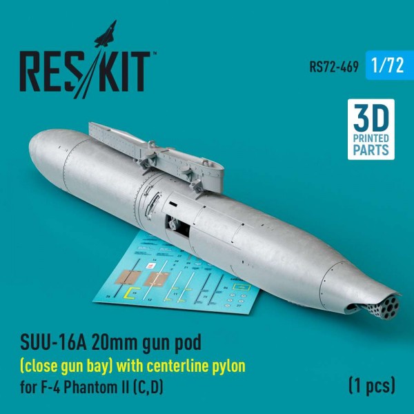 RS72-0469   SUU-16A 20mm gun pod (close gun bay) with centerline pylon for F-4 Phantom II (C,D) (1 pcs) (3D Printed) (1/72) (thumb83932)