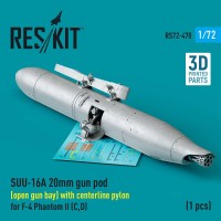 RS72-0470   SUU-16A 20mm gun pod (open gun bay) with centerline pylon for F-4 Phantom II (C,D) (1 pcs) (3D Printed) (1/72) (attach1 83934)