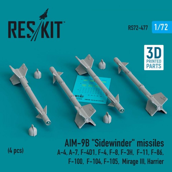 RS72-0477   AIM-9B "Sidewinder" missiles (4 pcs) (A-4, A-7, F-4D1, F-4, F-8, F-3H,  F-11, F-86,F-100,  F-104, F-105,  Mirage III, Harrier) (3D Printed) (1/72) (thumb83942)