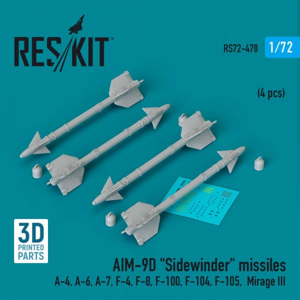 RS72-0478   AIM-9D «Sidewinder» missiles (4 pcs) (A-4, A-6, A-7, F-4, F-8, F-100, F-104, F-105, Mirage III) (3D Printed) (1/72) (thumb83944)