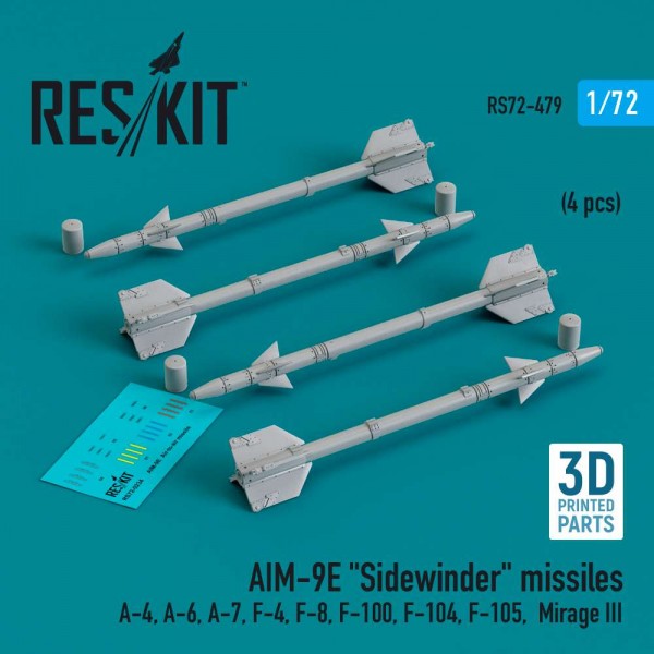 RS72-0479   AIM-9E "Sidewinder" missiles (4 pcs) (A-4, A-6, A-7, F-4, F-8, F-100, F-104, F-105,  Mirage III) (3D Printed) (1/72) (thumb83946)