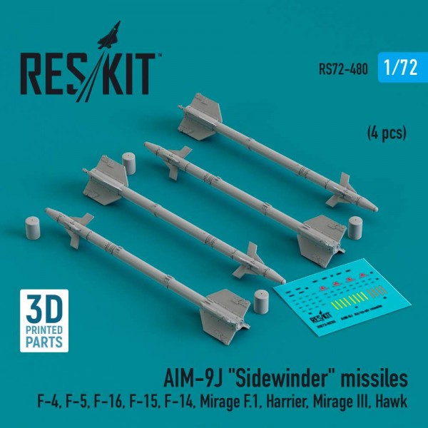 RS72-0480   AIM-9J "Sidewinder" missiles (4 pcs) (F-4, F-5, F-16, F-15, F-14, Mirage F.1, Harrier, Mirage III, Hawk) (3D Printed) (1/72) (thumb83948)