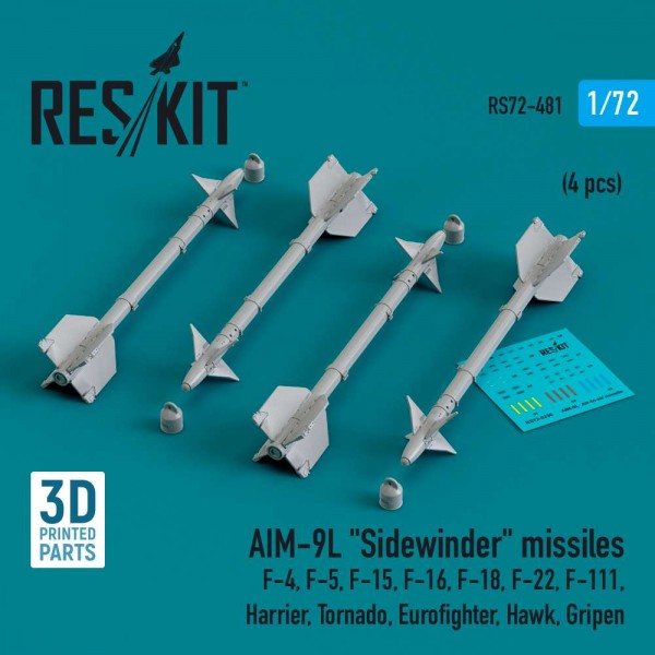 RS72-0481   AIM-9L «Sidewinder» missiles (4 pcs) (F-4, F-5, F-15, F-16, F-18, F-22, F-111, Harrier, Tornado, Eurofighter, Hawk, Gripen) (3D Printed) (1/72) (thumb83950)