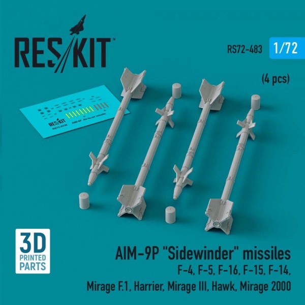 RS72-0483   AIM-9P «Sidewinder» missiles (4 pcs) (F-4, F-5, F-16, F-15, F-14, Mirage F.1, Harrier, Mirage III, Hawk, Mirage 2000) (3D Printed) (1/72) (thumb83954)