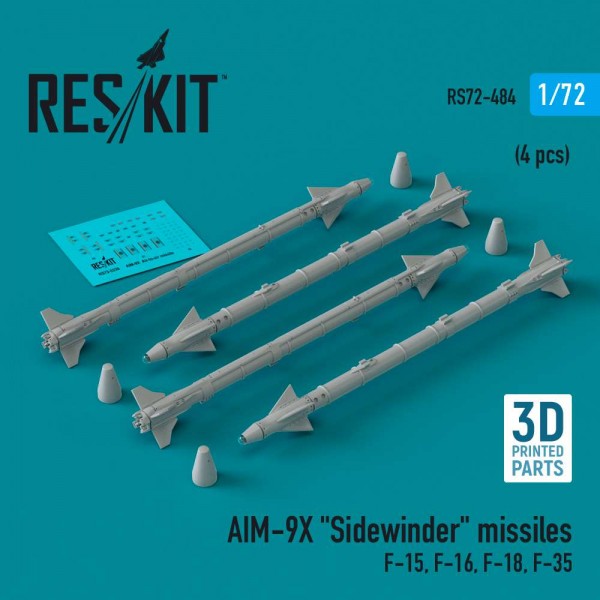 RS72-0484   AIM-9X "Sidewinder" missiles (4 pcs) (F-15, F-16, F-18, F-35) (3D Printed) (1/72) (thumb83956)