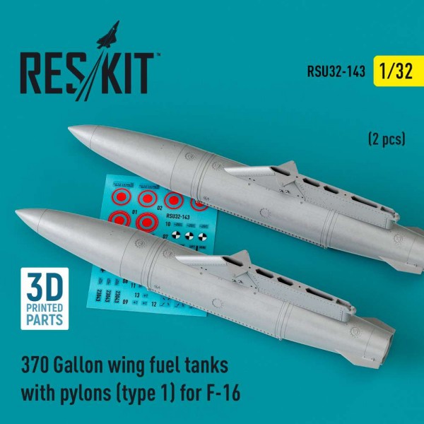 RSU32-0143   370 Gallon wing fuel tanks with pylons (type 1) for F-16 (A/B/C/D/E/F/I) (2 pcs) (3D Printed) (1/32) (thumb83661)