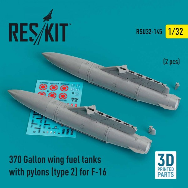 RSU32-0145   370 Gallon wing fuel tanks with pylons (type 2) for F-16 (A/B/C/D/E/F/I) (2 pcs) (3D Printed) (1/32) (thumb83665)