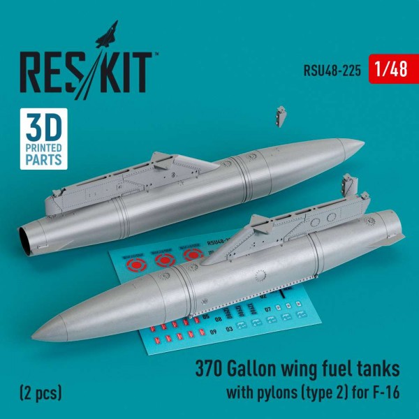 RSU48-0225   370 Gallon wing fuel tanks with pylons (type 2) for F-16 (A/B/C/D/E/F/I) (2 pcs) (3D Printed) (1/48) (thumb83778)