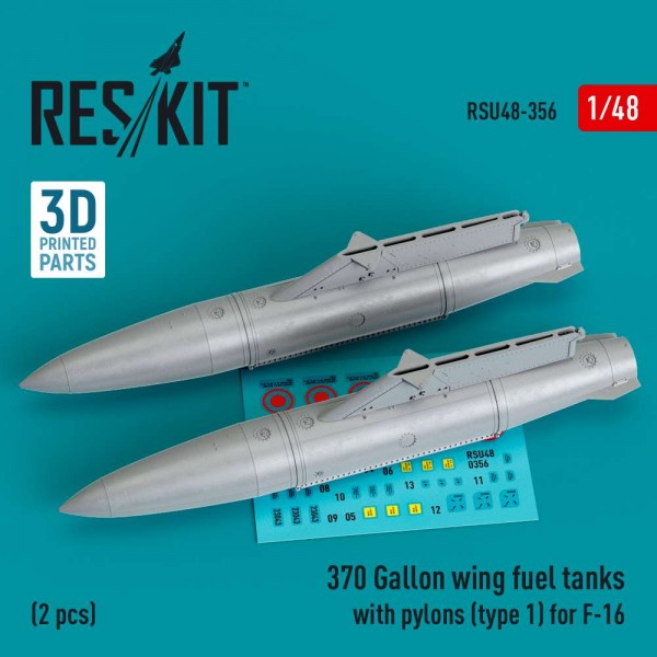 RSU48-0356   370 Gallon wing fuel tanks with pylons (type 1) for F-16 (A/B/C/D/E/F/I) (2 pcs) (3D Printed) (1/48) (thumb83812)