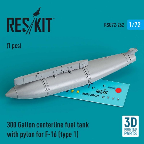 RSU72-0262   300 Gallon centerline fuel tank with pylon for F-16 (A/B/C/D/E/F/I) (type 1) (1 pcs) (3D Printed) (1/72) (thumb83980)