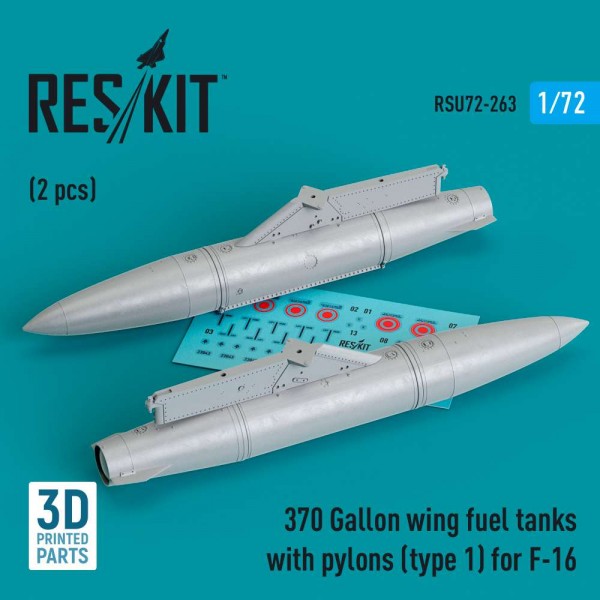 RSU72-0263   370 Gallon wing fuel tanks with pylons (type 1) for F-16 (A/B/C/D/E/F/I) (2 pcs) (3D Printed) (1/72) (thumb83982)