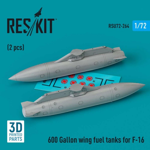 RSU72-0264   600 Gallon wing fuel tanks for F-16 (CJ/DJ Block 50/52, 50/52+, Sufa) (2 pcs) (3D Printed) (1/72) (thumb83984)