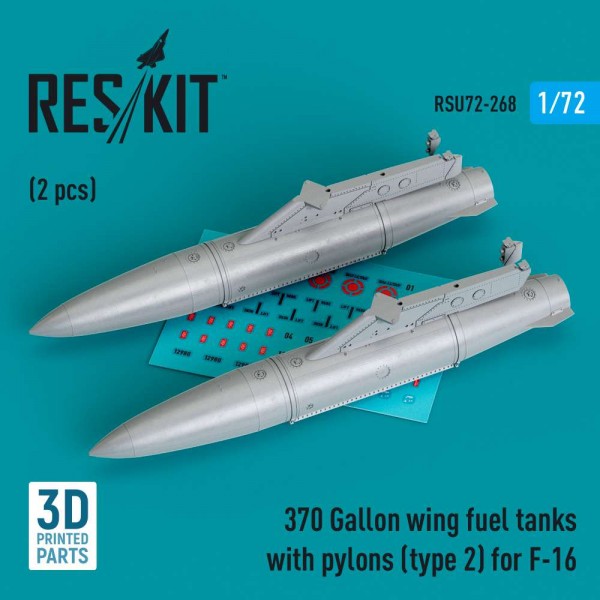 RSU72-0268   370 Gallon wing fuel tanks with pylons (type 2) for F-16 (A/B/C/D/E/F/I) (2 pcs) (3D Printed) (1/72) (thumb83986)