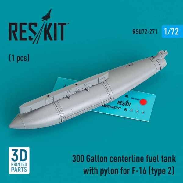 RSU72-0271   300 Gallon centerline fuel tank with pylon for F-16 (A/B/C/D/E/F/I) (type 2) (1 pcs) (3D Printed) (1/72) (thumb83990)