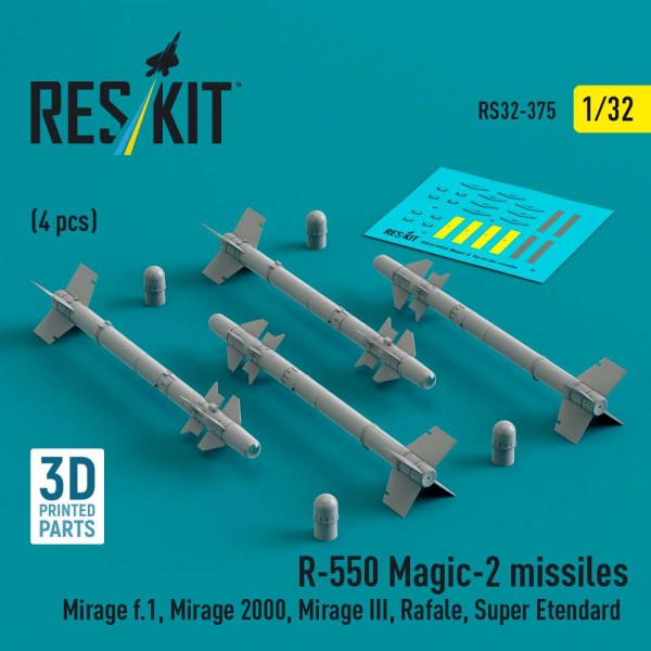 RS32-0375   R.550 "Magic-2" missiles (4 pcs) (Mirage F.1, Mirage 2000, Mirage III, Rafale, Super Etendard, MiG-21, Jaguar) (3D Printed) (1/32) (thumb84816)