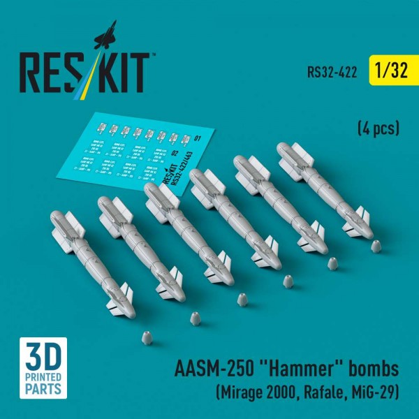 RS32-0422   AASM-250 "Hammer" bombs (6 pcs) (Mirage 2000, Rafale, MiG-29) (3D Printed) (1/32) (thumb84821)