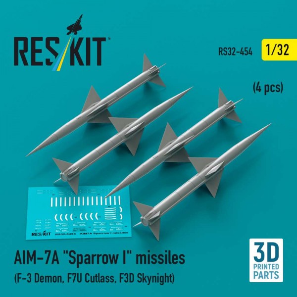 RS32-0454   AIM-7A "Sparrow I" missiles (4 pcs) (F-3 Demon, F7U Cutlass, F3D Skynight) (3D Printed) (1/32) (thumb84824)