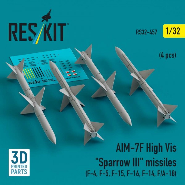 RS32-0457   AIM-7F High Vis "Sparrow III" missiles (4 pcs) (F-4, F-5, F-15, F-16, F-14, F/A-18) (3D Printed) (1/32) (thumb84830)