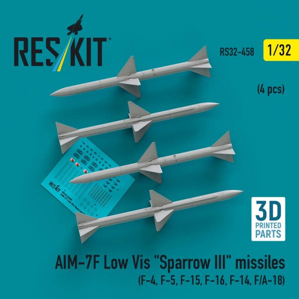 RS32-0458   AIM-7F Low Vis "Sparrow III" missiles (4 pcs) (F-4, F-5, F-15, F-16, F-14, F/A-18) (3D Printed) (1/32) (thumb84832)