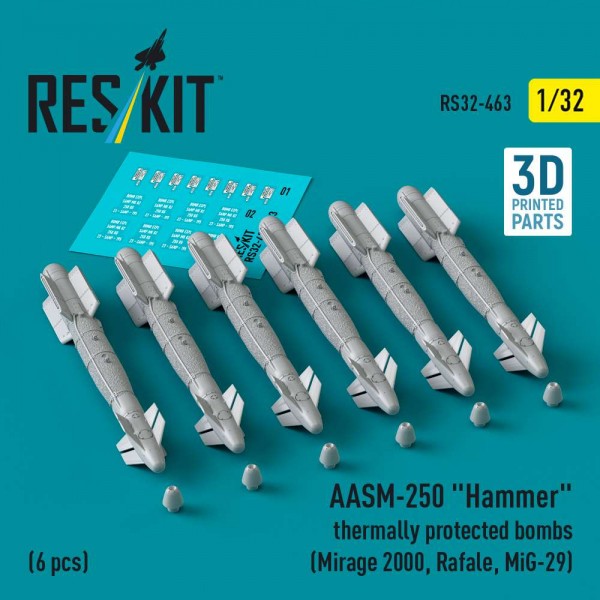 RS32-0463   AASM-250 "Hammer" thermally protected bombs (6 pcs) (Mirage 2000, Rafale, MiG-29) (3D Printed) (1/32) (thumb84836)