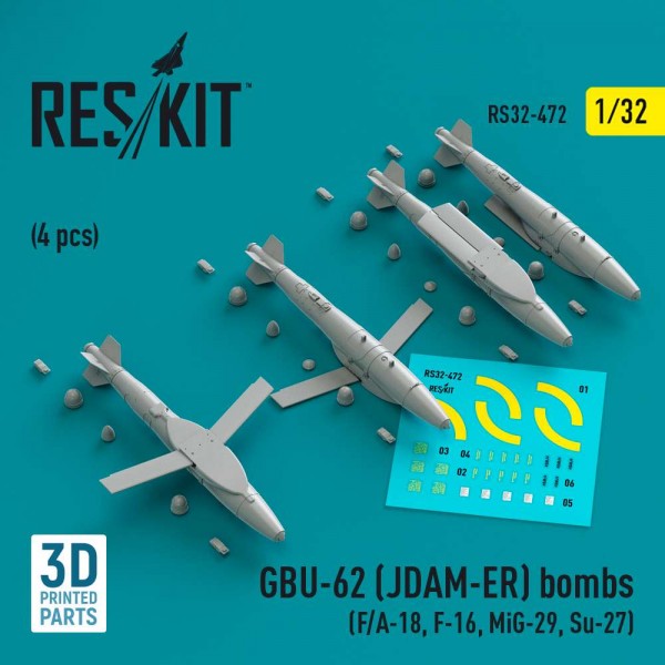 RS32-0472   GBU-62 (JDAM-ER) bombs (4 pcs) (F/A-18, F-16, MiG-29, Su-27) (3D Printed) (1/32) (thumb84838)