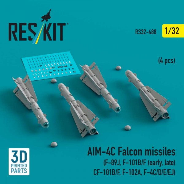 RS32-0488   AIM-4C Falcon missiles (4 pcs) (F-89J, F-101B/F (early, late), CF-101B/F, F-102A, F-4C/D/E/EJ) (3D Printed) (1/32) (thumb84840)