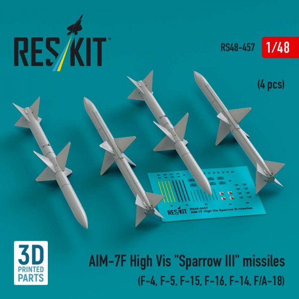 RS48-0457   AIM-7F High Vis "Sparrow III" missiles (4 pcs) (F-4, F-5, F-15, F-16, F-14, F/A-18) (3D Printed) (1/48) (thumb84873)