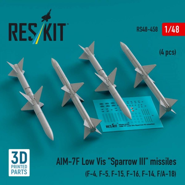 RS48-0458   AIM-7F Low Vis "Sparrow III" missiles (4 pcs) (F-4, F-5, F-15, F-16, F-14, F/A-18) (3D Printed) (1/48) (thumb84875)