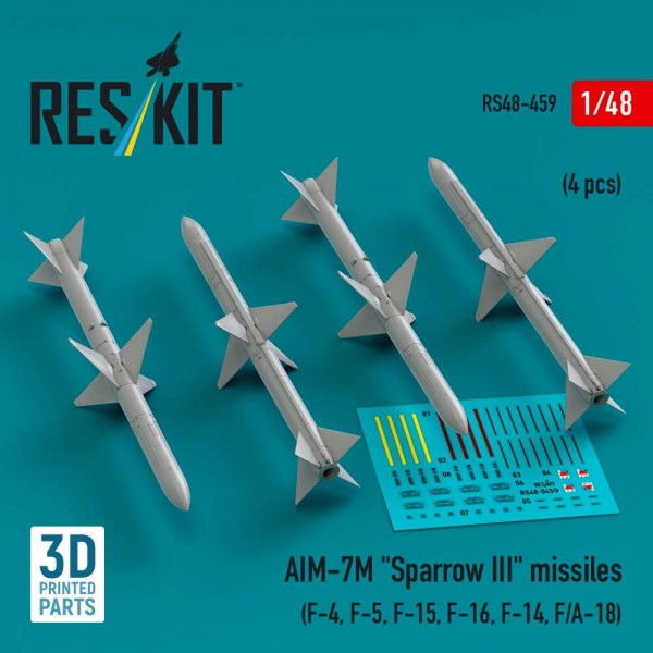 RS48-0459   AIM-7M "Sparrow III" missiles (4 pcs) (F-4, F-5, F-15, F-16, F-14, F/A-18) (3D Printed) (1/48) (thumb84877)