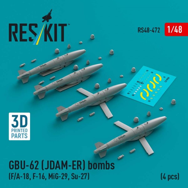 RS48-0472   GBU-62 (JDAM-ER) bombs (4 pcs) (F/A-18, F-16, MiG-29, Su-27) (3D Printed) (1/48) (thumb84881)